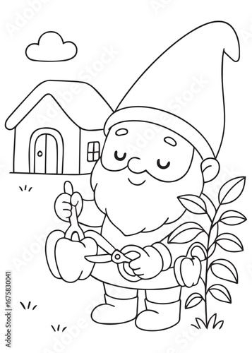  Coloring book gnome grinding spices with mortar and pestle.