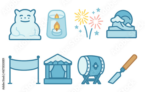 Festival icons: candle, fireworks, drum, wave, bear, chisel, banner, tent