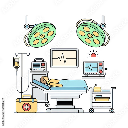 Advanced surgical room setup with monitors and lamps.
