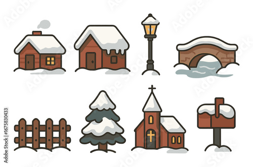 Charming winter village icons with snow-covered houses and church