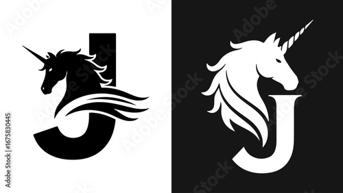 Black and White Unicorn Head and Letter J Monogram Logo