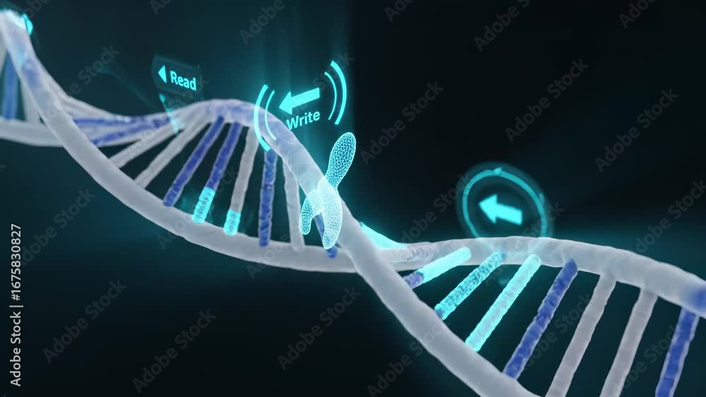 Gene editing enzyme writing nucleotide changes on a DNA double helix ...