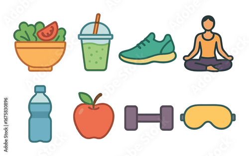 Healthy lifestyle icons: salad, smoothie, sneakers, meditation, water, apple, dumbbell, sleep mask