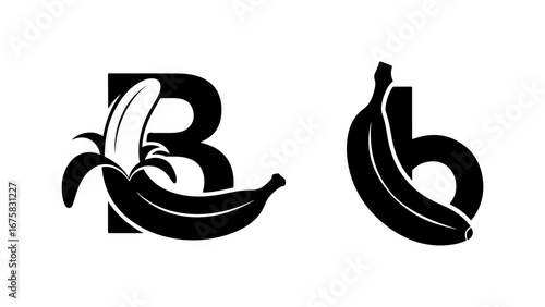 Creative Letter B Logo Design with Banana Fruit Illustration Set
