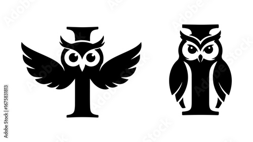Stylized Black and White Owl Logos Integrated with the Letter I