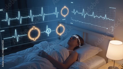 Adult sleeping with smart EEG headband in bedroom, wearable tracks brain waves, heart rate and sleep stages, AI dashboard projects biometric graphs for home health monitoring