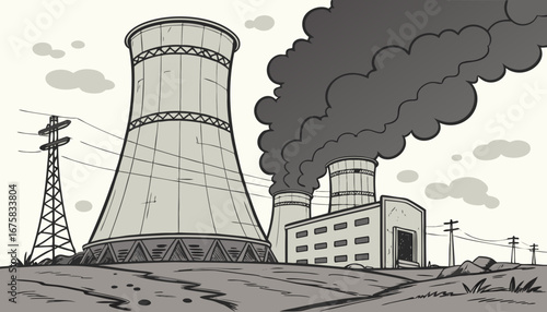 destroyed cooling towers of a nuclear power plant after an explosion