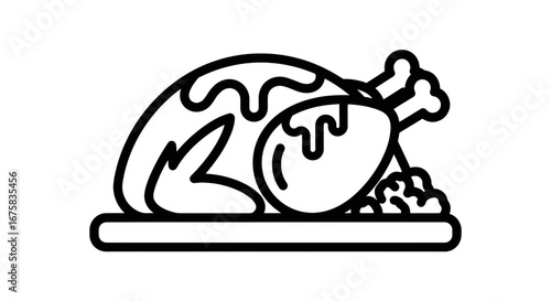 A simple and elegant line drawing of a roast chicken with gravy for holiday celebrations