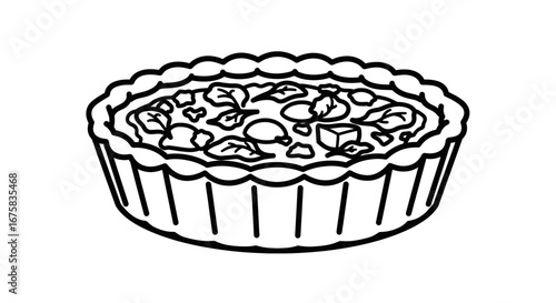 A Detailed Black and White Line Art Illustration of a Quiche or Tart design