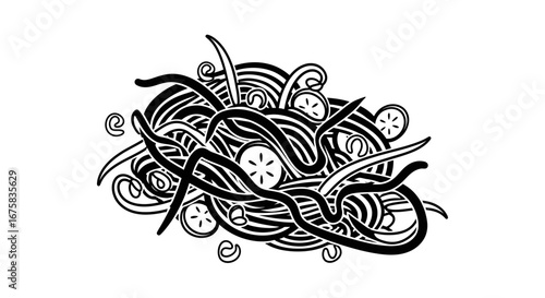 Black and white minimalistic spaghetti illustration with round vegetable slices design