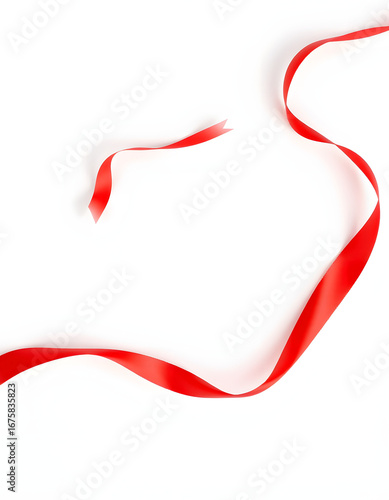 Beautiful red ribbon isolated on white, top view. Space for text, photo. isolated with white highlights