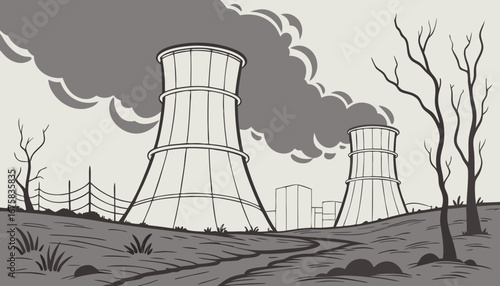 destroyed cooling towers of a nuclear power plant after an explosion