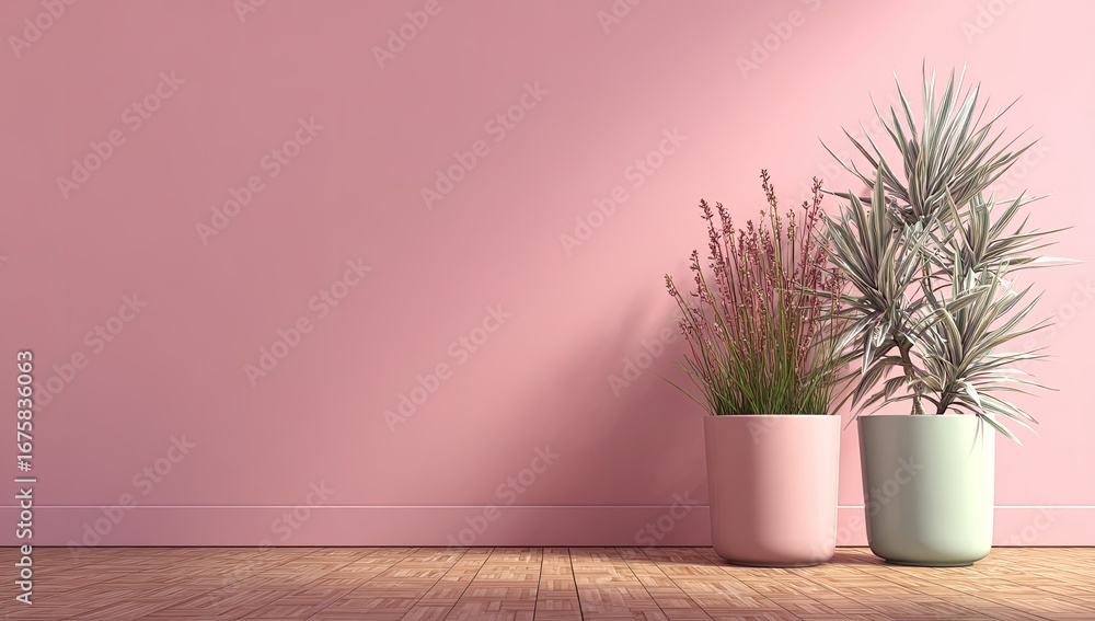 Fototapeta premium Pink room with plants. Sunlight casts shadows