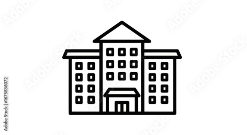 Simple line art icon of a building with multiple windows and a peaked roof.