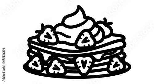 Delicious pancake stack with creamy topping and fresh strawberries, presented in a cute vector style