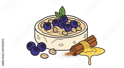 Delicious oatmeal bowl illustration with blueberries, cinnamon sticks and honey drips
