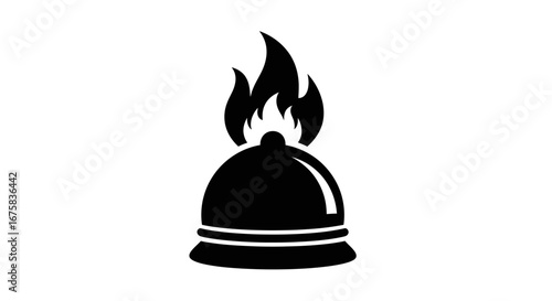 Flaming hot food cloche icon, a simple black silhouette for restaurant and catering service.