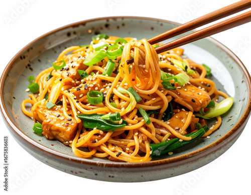  Close-Up of Yakisoba on Plate with Chopsticks, Side View, Isolated PNG
