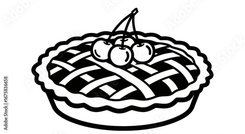 Graphic black and white illustration of a cherry pie with a lattice crust and cherries