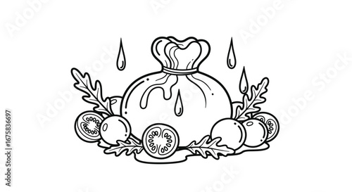 Hand drawn illustration of burrata cheese with tomatoes and arugula garnish element food delicious