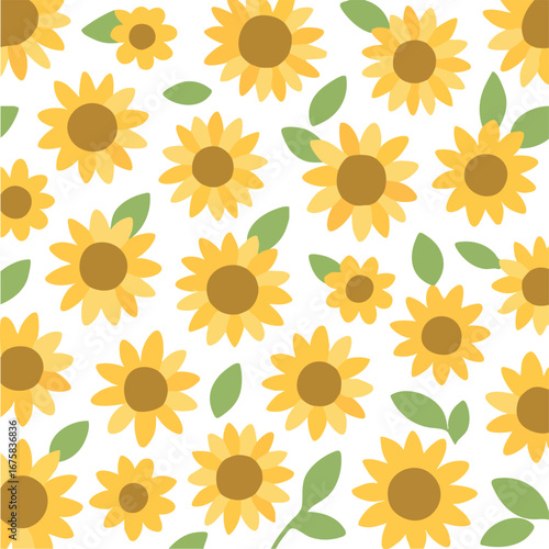 Cute seamless pattern with yellow sunflowers and green leaves.