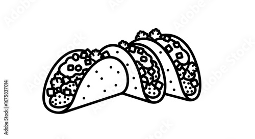 Minimalist Illustration of Three Tacos in Black and White with Detailed Fillings and Toppings