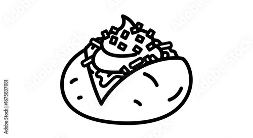 Minimalist line art illustration of a loaded baked potato with sour cream