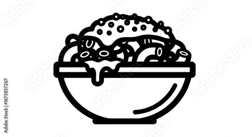 Minimalist vector illustration of a bowl of spaghetti with sauce and meatballs icon