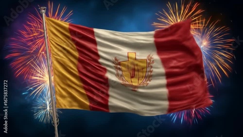 National flag billowing proudly against a dramatic backdrop of fireworks.