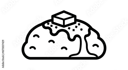 Monochrome illustration of a loaded baked potato with butter offering visual simplicity and charm
