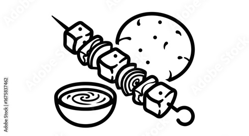 Monochrome illustration of a shish kebab with meat onions pita bread and sauce