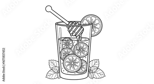 Refreshing Lemonade Illustration with Honey and Mint for a Summery Coloring Page