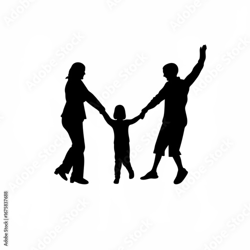 Silhouette of adoption counselor supporting child hugging adoptive parents for first time isolated on white background