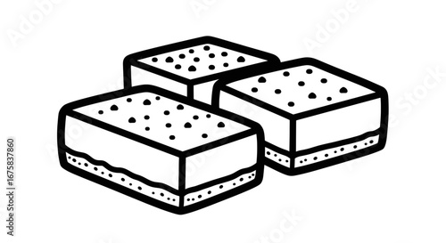 Three delightful fudge squares presented in a hand-drawn style illustration with tasty treats