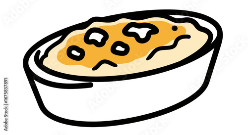 Whimsical hand-drawn illustration of classic comfort food: Macaroni and Cheese in a casserole dish