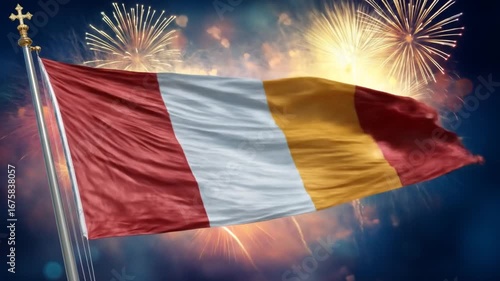 National flag waving proudly against a vibrant fireworks display.