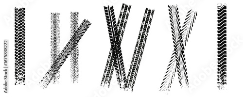 Traces of car, motorcycle tread. Curved realistic traces of tires of wheels from different types of tread vector png. Car wheels on disks.	
