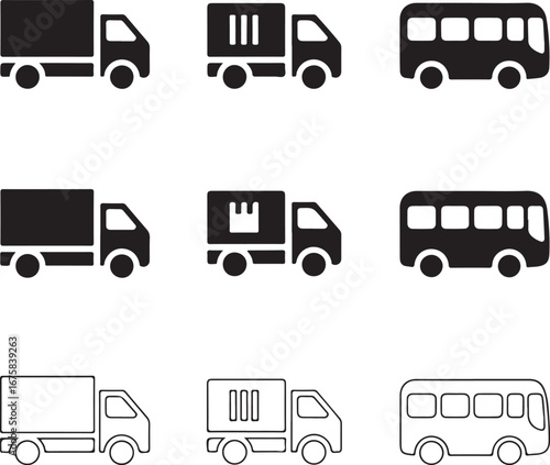 Black and white icons of trucks and buses for transportation and delivery logistics