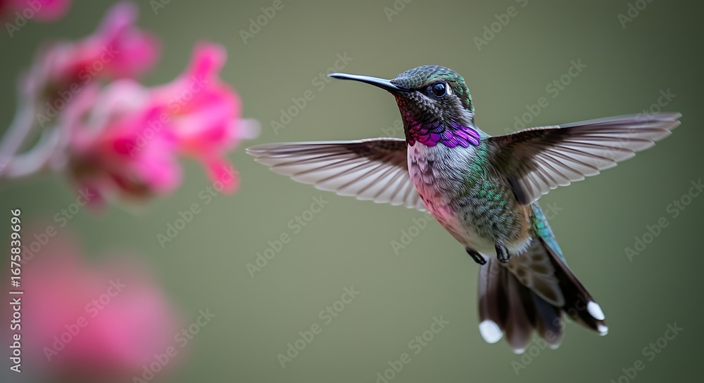 Fototapeta premium A vibrant hummingbird soars through the air, close to a cluster of vibrant pink flowers, showcasing its iridescent plumage and delicate wings in sharp focus against a soft green background.