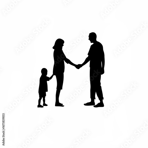 Adoption counselor handshake with parents silhouette isolated on white background