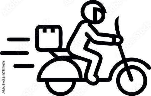 Vector art of a simple line art icon of a person riding a scooter with a package