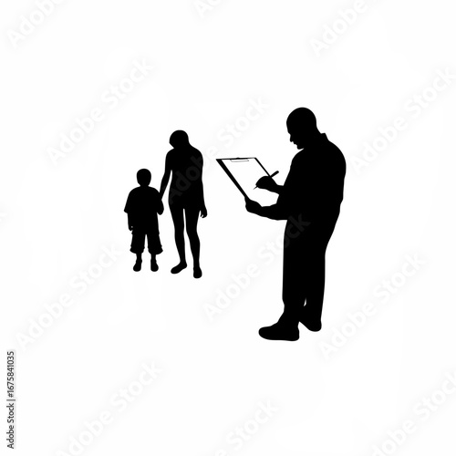 Adoption counselor with parents silhouette isolated on white background