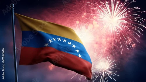 Venezuelan flag billows proudly against a backdrop of dazzling fireworks.