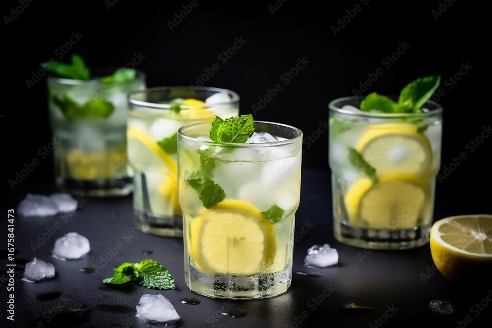 Fototapeta premium Refreshing Nimbu Pani Indian lemonade mint leaves ice cubes and rock salt served in glass tumblers with condensation summer refreshment style
