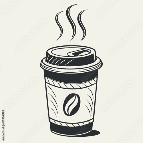 Vector art of a disposable coffee cup with a lid and steam, isolated on a