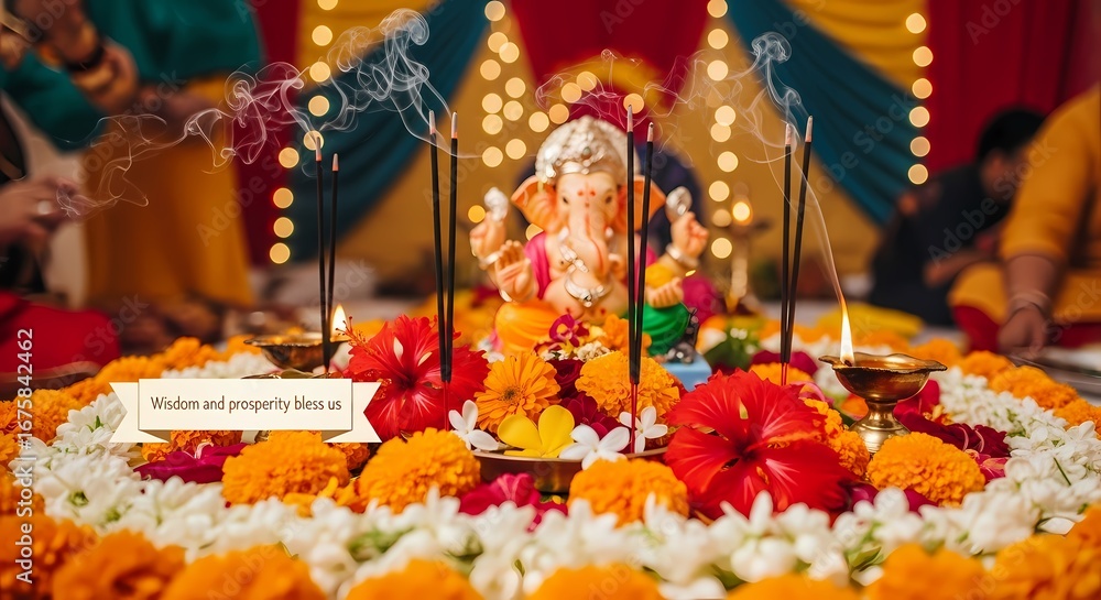Naklejka premium Hindu wedding ceremony altar decorated with flowers, candles, and incense.