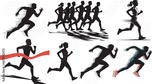 Dynamic Runners Silhouettes Set Marathon Sprint Jogging Competition Sport Activity Vector Art