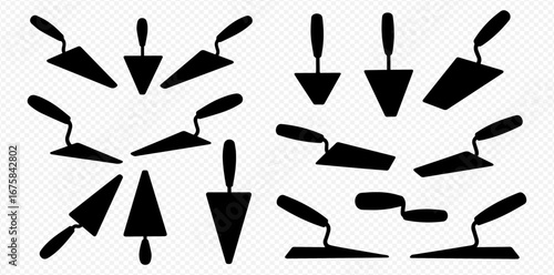 Collection of black silhouette trowels, various shapes and angles, construction tools.