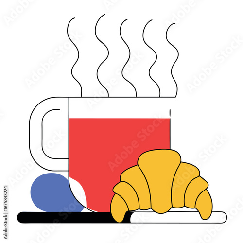 Vector art of steaming cup of tea or coffee with a croissant on a plate