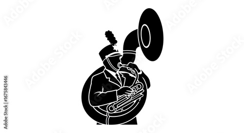 Marching band sousaphone player silhouette in uniform.